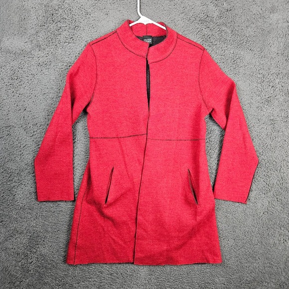 Eileen Fisher Sweaters - Eileen Fisher Womens XS Red Merino Wool Open Front Mock‎ Neck Cardigan Jacket